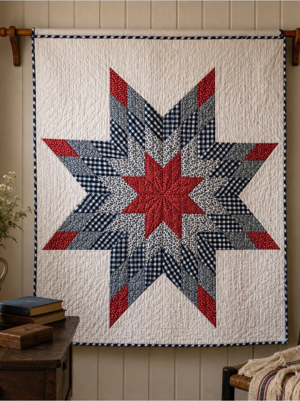 VTG Cracker Barrel Lone Star Quilt Throw 50x60 Americana Hand Quilted Cotton